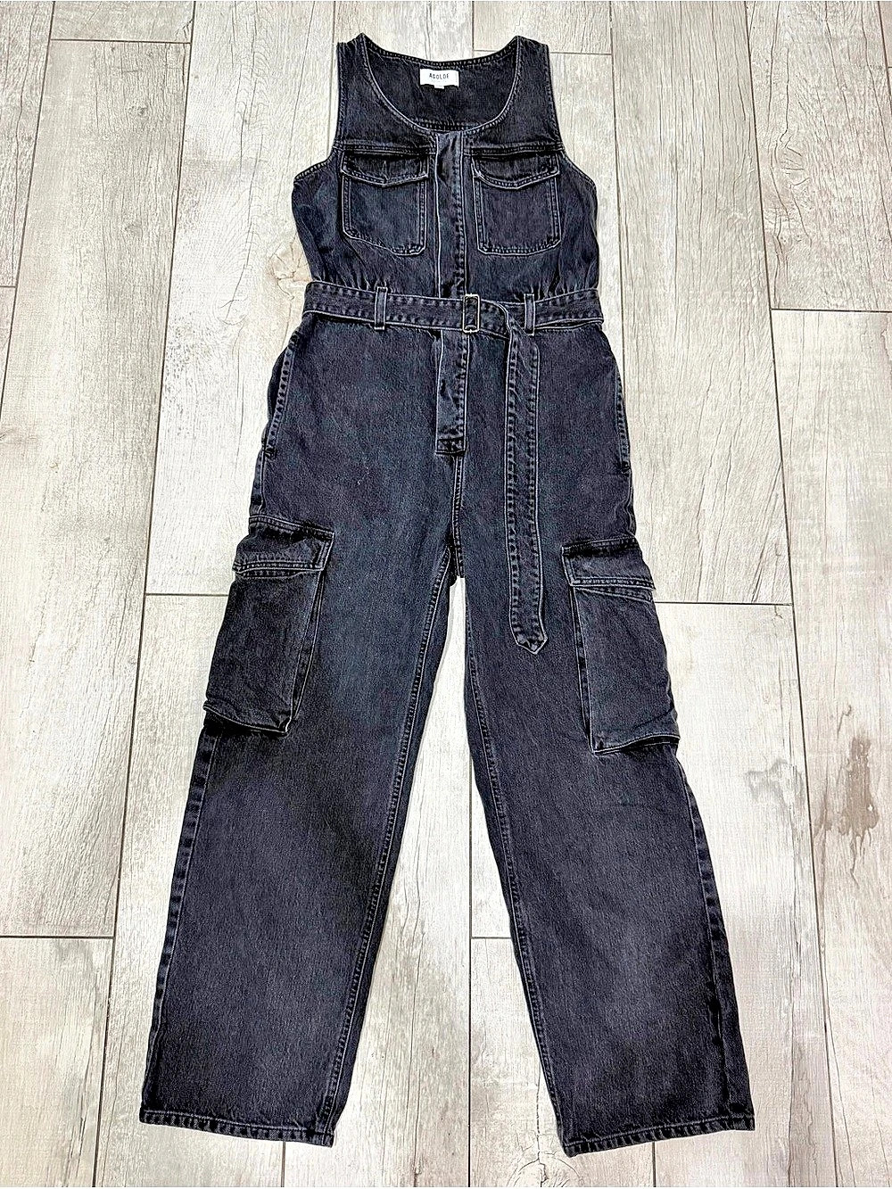 AGOLDE Elin Black Denim Cargo Utility Jumpsuit Belted Size 4